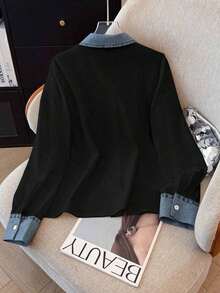 Camisa de efecto de mezclilla de parchwork casual para mujer, otoño/invierno - Negro - Ver 2