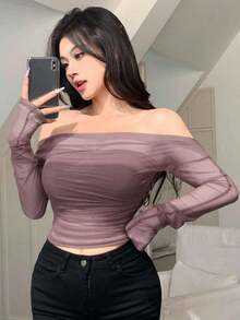 Blusa elástica de malla transparente con hombros descubiertos, para primavera/verano - Púrpura malva - Ver 3