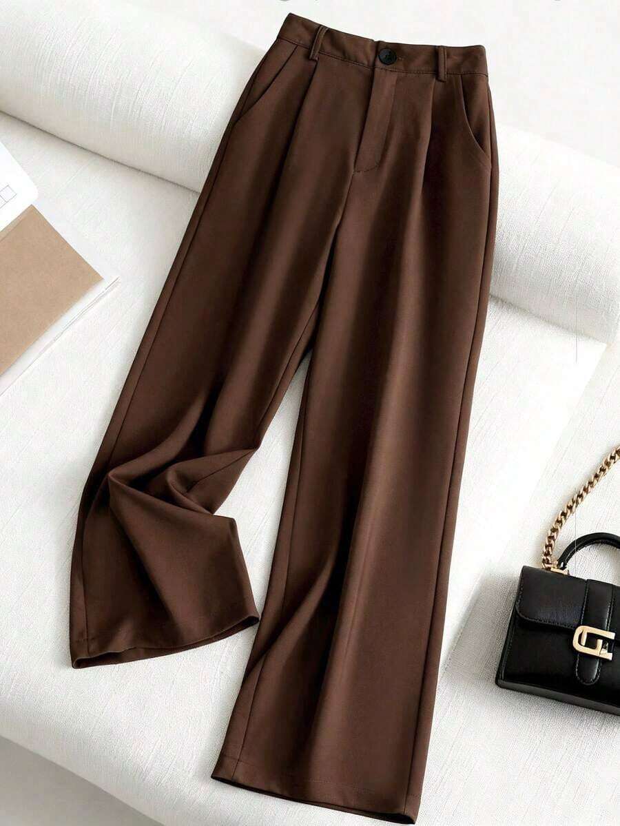 Pantalones casuales de mujer de unicolor con bolsillo oblicuo y pliegues - Café integral - Ver 1