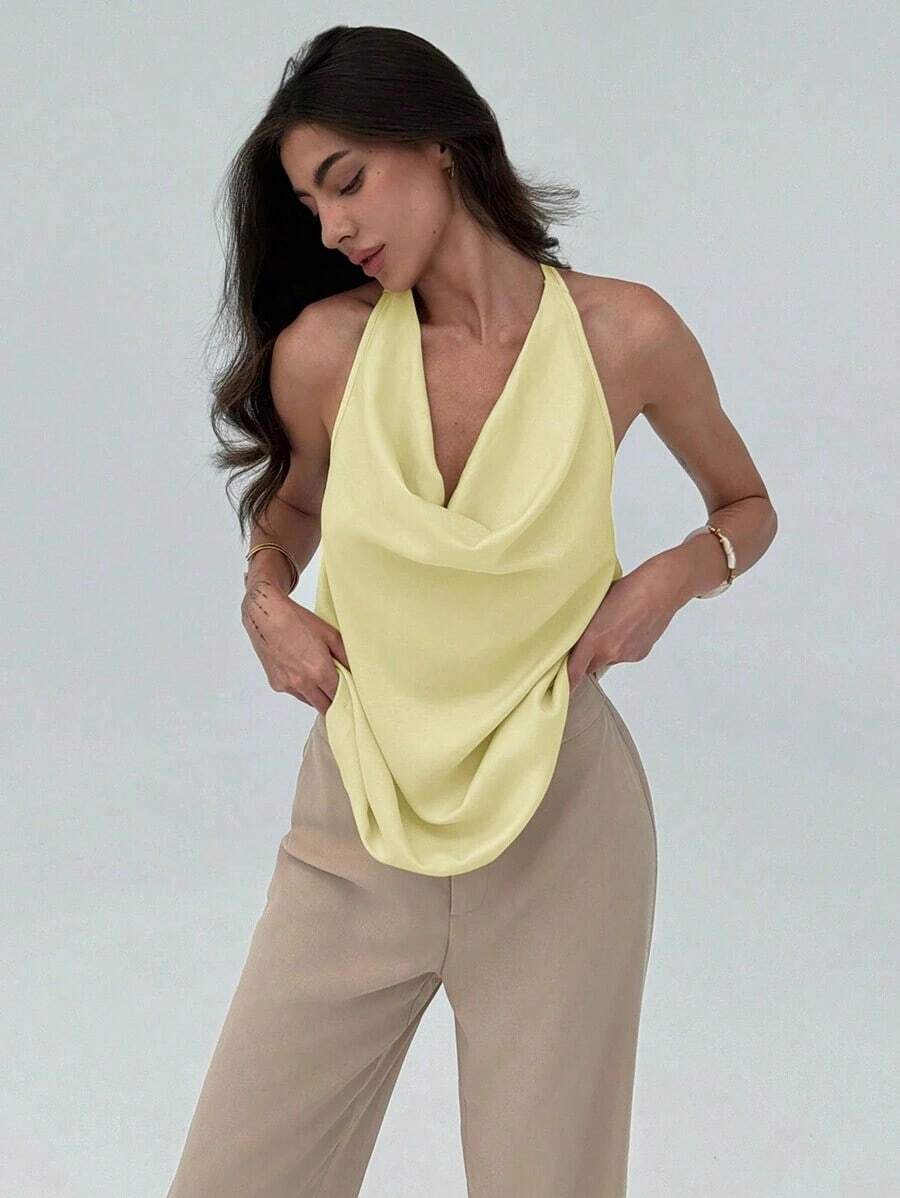 Camiseta ajustada con escote en pico minimalista y elegante para mujer - Amarillo - Ver 1