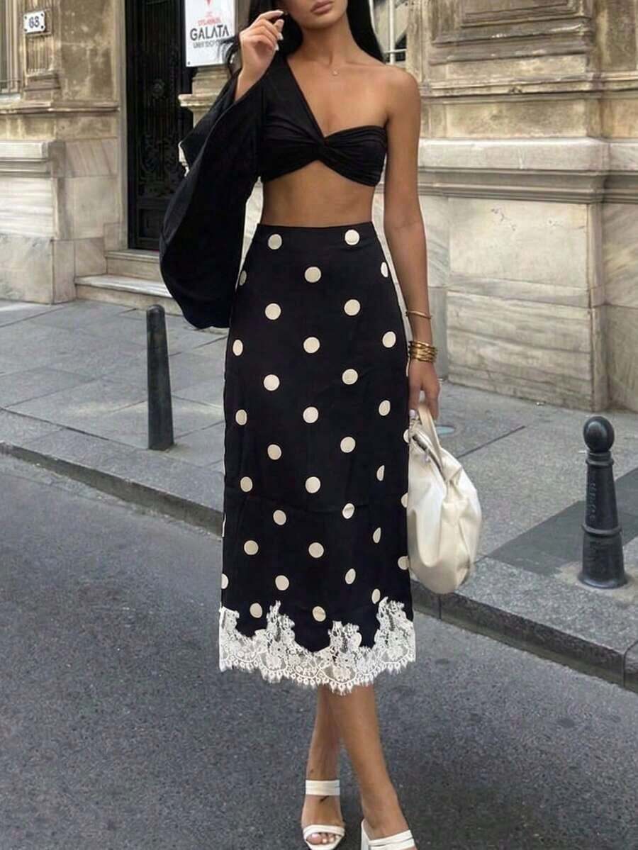 Falda de encaje con lunares vintage |   Base beige con lunares negros + dobladillo de encaje, vibra romántica para mujeres maduras. Falda de playa elegante de primavera con lunares contrastantes y empalme de encaje - Negro - Ver 1