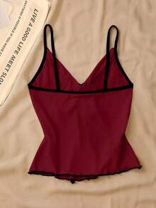 Top de tirantes con lazo y ribete de lechuga en contraste, elegante y ajustado, top para salir para mujeres, apto para el estilo del milenio - Burdeos - Ver 2