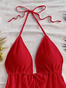 Camiseta de tirantes con cuello de halter y nudo en la espalda para mujer, adecuada para el verano - Rojo - Ver 5