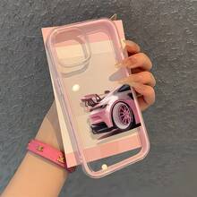 1pc Pink Frame Transparent Minimalist Lens Protective Anti-Drop Anti-Collision Sports Car Pattern Phone Case, Compatible With Apple 17/17Pro/17Promax/16/16Pro 16 Pro Max/15/14 Plus, 13/12/11, Air Phone Case - Pink - View 4