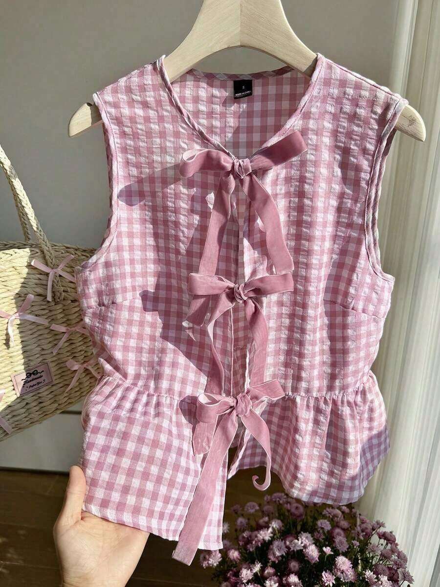 Camisa sin mangas a cuadros rojos y blancos tejida con nudo delantero para mujer - Rosa vieja - Ver 1