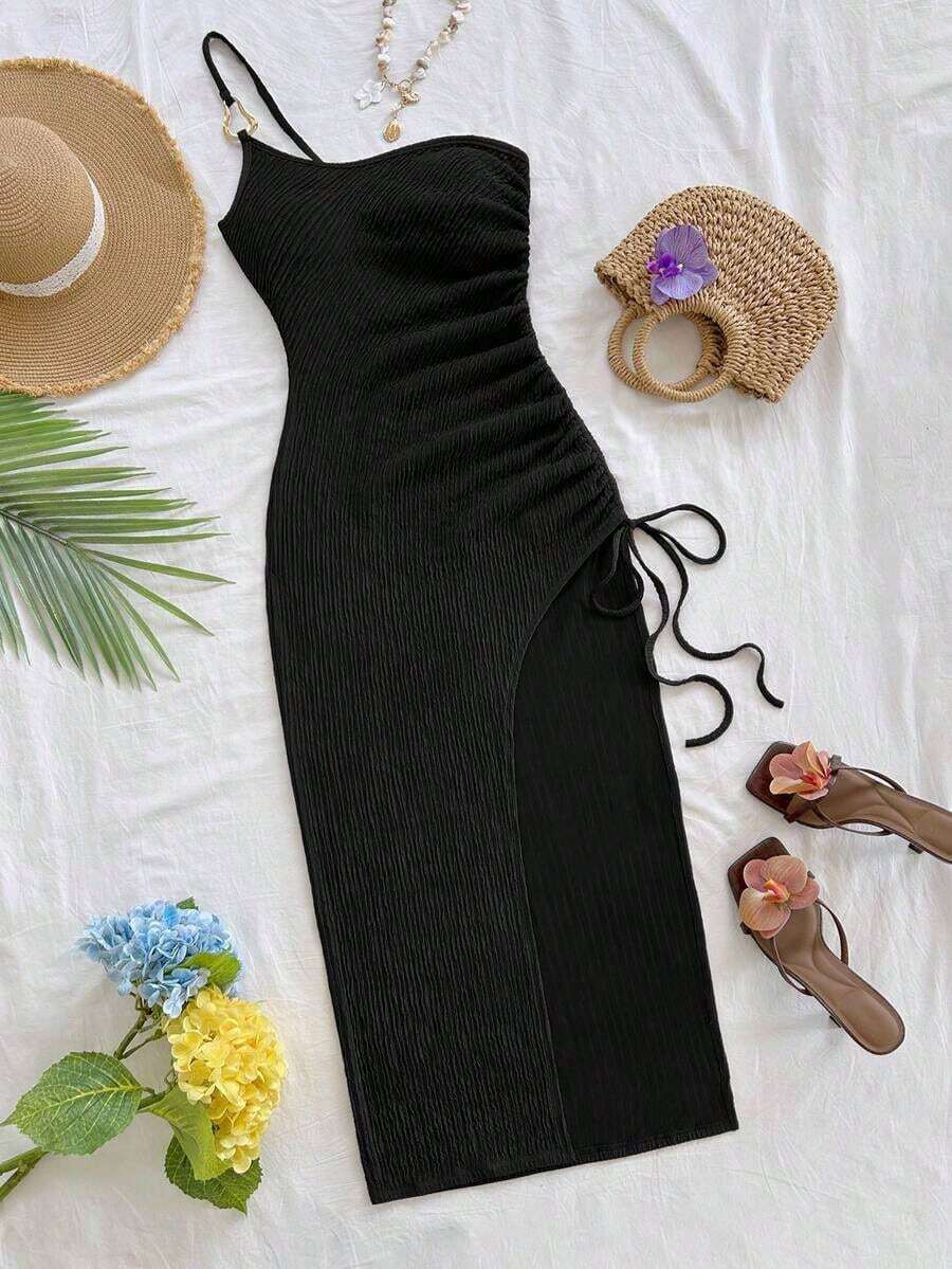 Vestido de mujer con textura de gofre tejido, diseño ajustado con abertura y cordón, adecuado para fiesta, cita, sexy, té de la tarde, playa, verano, festival de música, temporada de bodas - Negro - Ver 1
