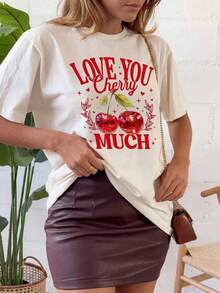 Mujeres ocasionales manga corta ronda cuello caído hombro camiseta Regular con gráfico de cere. UQGN - Blanco - Ver 3
