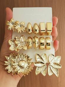 2/16pcs Gold Exaggerated Sunflower, Teardrop, 5-Petal Flower, Leaf Stud Earrings Set, Luxury Metal Versatile Earrings Suitable For Women's Daily, Vacation, Date, Gift - Multicolor - View 9