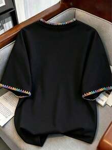 Camiseta de mujer de cuello redondo con estampado de contraste de color degradado de fresa, para verano - Negro - Ver 2