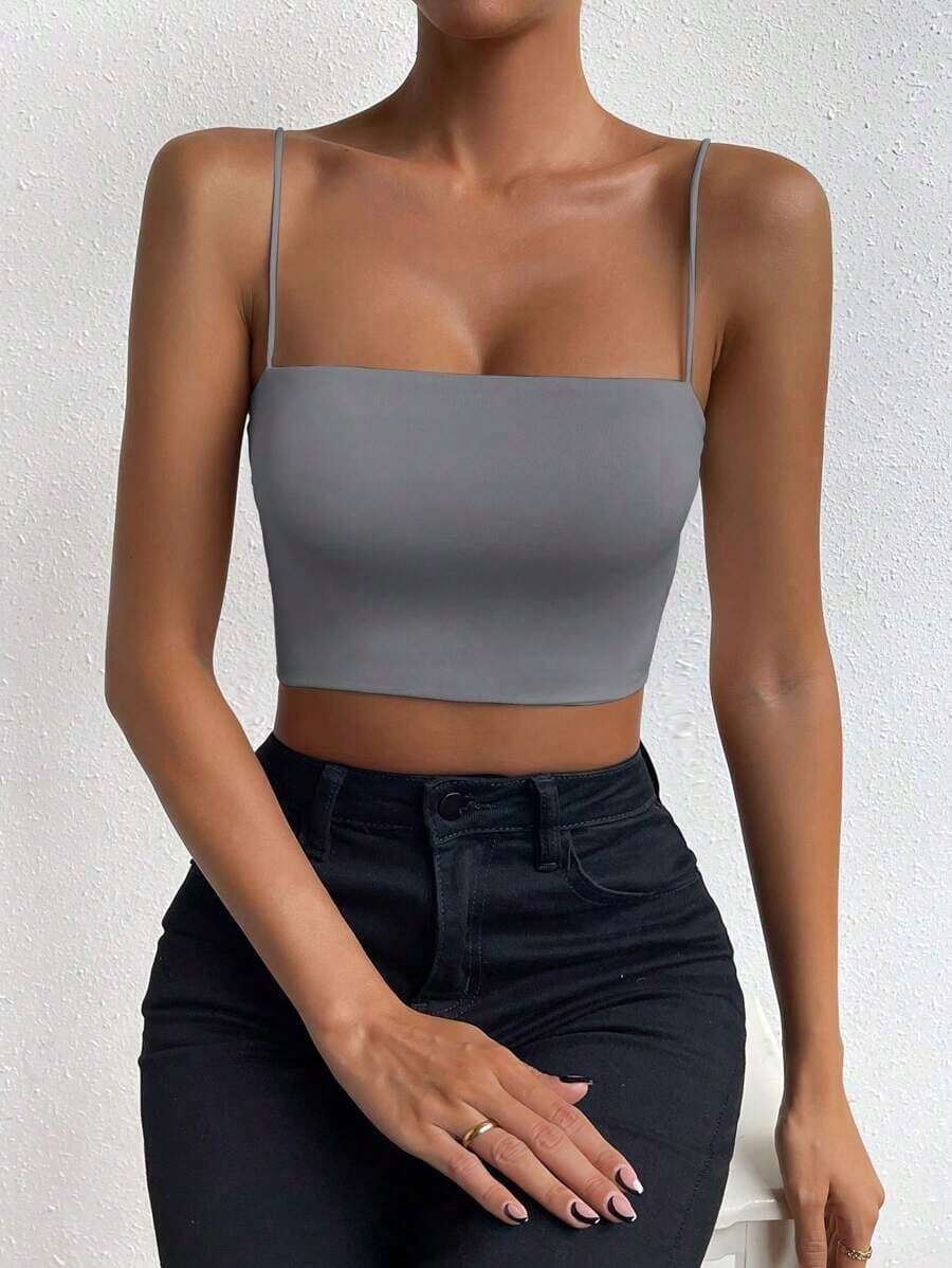 Top corto de color sólido ChicEase - Gris Oscuro - Ver 1