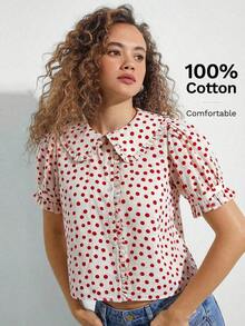 Camisa casual con cuello de volantes, mangas cortas abultadas y abotonadura, top lindo de otoño, ropa bohemia, atuendo de regreso a la escuela, para otoño, invierno, vestimenta occidental para mujer - Rojo y blanco - Ver 1