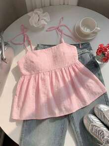 Camiseta de tirantes con lunares tejidos en blanco para mujer - Rosa - Ver 1
