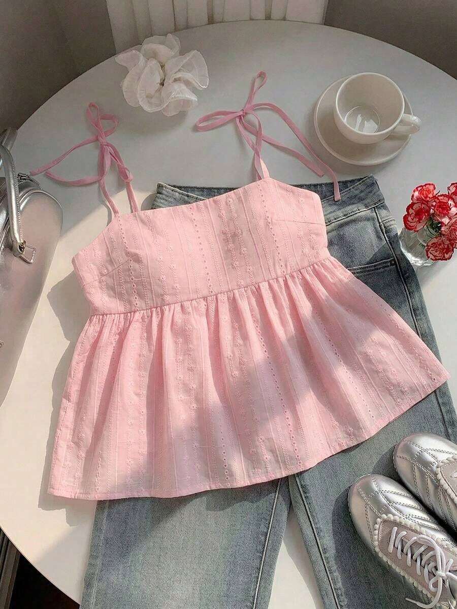 Camiseta de tirantes con lunares tejidos en blanco para mujer - Rosa - Ver 1