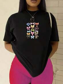 Women's Short Sleeve T-Shirt With Bow And Color - Round Neck - Casual Summer Blouse, Machine Washable Opaque Top For Casual Outfits - Versatile Essential Garment (Regular Fit) - 黑色 - 查看 7