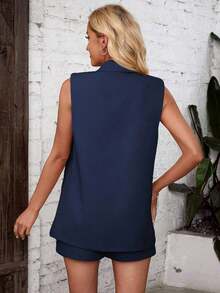 Conjunto de chaleco y pantalones cortos casuales para mujer, atuendo para ir al trabajo - Azul marino - Ver 7
