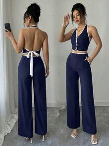 Conjunto de 2 piezas para mujer con top halter escotado en la espalda con ribete de color contrastante y pantalones largos - Azul marino - Ver 8