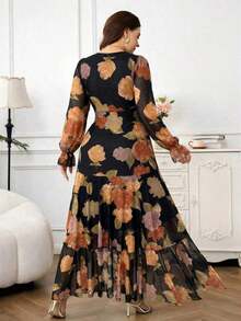 Reflora Nuevo vestido largo de mujer de talla grande con estampado floral, volantes en el bajo, cintura ceñida y alta elasticidad, vestido de otoño, vestido con volantes, vestido floral - Negro - Ver 2