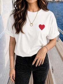 Nuevo Estilo de Verano 2026, Camiseta de Mujer de Cuello Redondo, Manga Corta Casual con Estampado de Corazón, 100% Algodón, Talla Grande, Ideal para Salir, Viajar y Uso Diario en la Calle. - Blanco - Ver 2