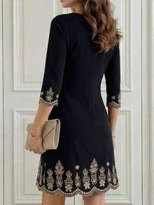Medorina Vestido elegante de mujer con cuello cuadrado y ajuste delgado, bordado. Atuendo de vacaciones para mujeres en primavera y verano - Azul marino - Ver 10