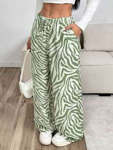 Pantalones con cordón de mujer con estampado de leopardo blanco - Verde lima - Ver 7