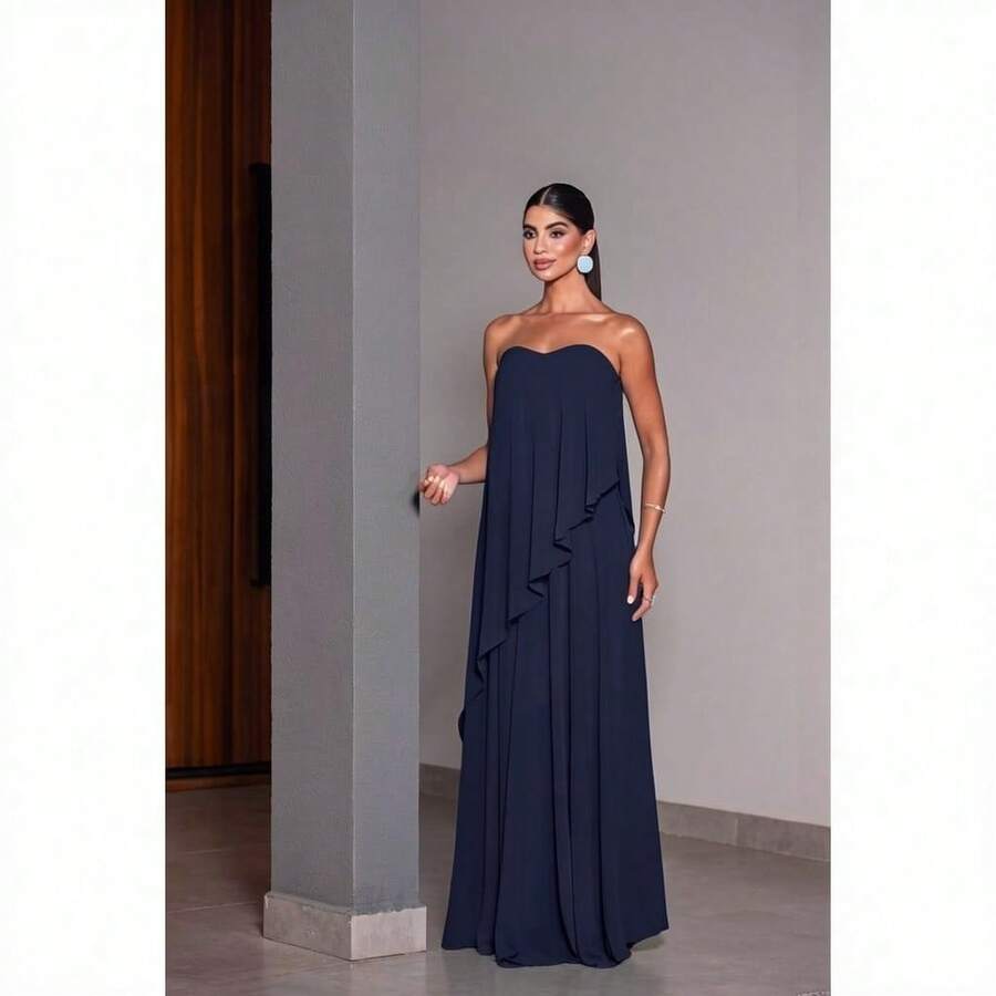 Long Strapless Wedding Dress For A Daytime Wedding, Elegant For A Guest, Bridesmaid. - Navy Blue - View 1