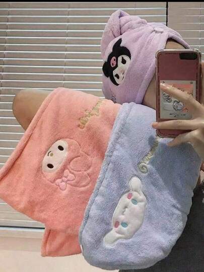 SANRIO 1个三丽鸥悠鬼狗酷洛米干发帽，动漫KT猫珊瑚绒吸水头巾，家居卡通旋律速干浴帽，适合在浴室使用，家庭速干头发必备品
