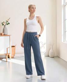 Pantalón Pants Mujer Corte Ancho Baggy Comodo Y versatil Ideal Para Gym, Yoga, pilates O varios Deportes - Azul Denim - Ver 3