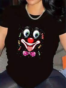 100% Cotton T-Shirt With Adorable Clown Design | Lightweight And Durable, Ideal For Festive Gatherings, Comfortable Fit, T-Shirt With Fun And Vibrant Prints, Suitable For Casual Activities, Round Neck, Medium Elasticity Fabric, Casual Daily Wear. - 黑色 - 查看 7
