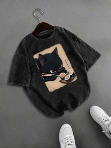 Camiseta de manga corta con estampado de gato negro retro vintage comiendo sushi, diseño de nicho, camiseta retro, camiseta de cuello redondo, esencial para primavera/verano, ropa interior para invierno, top de mujer, otoño/invierno, ajuste cómodo casual - Negro - Ver 2