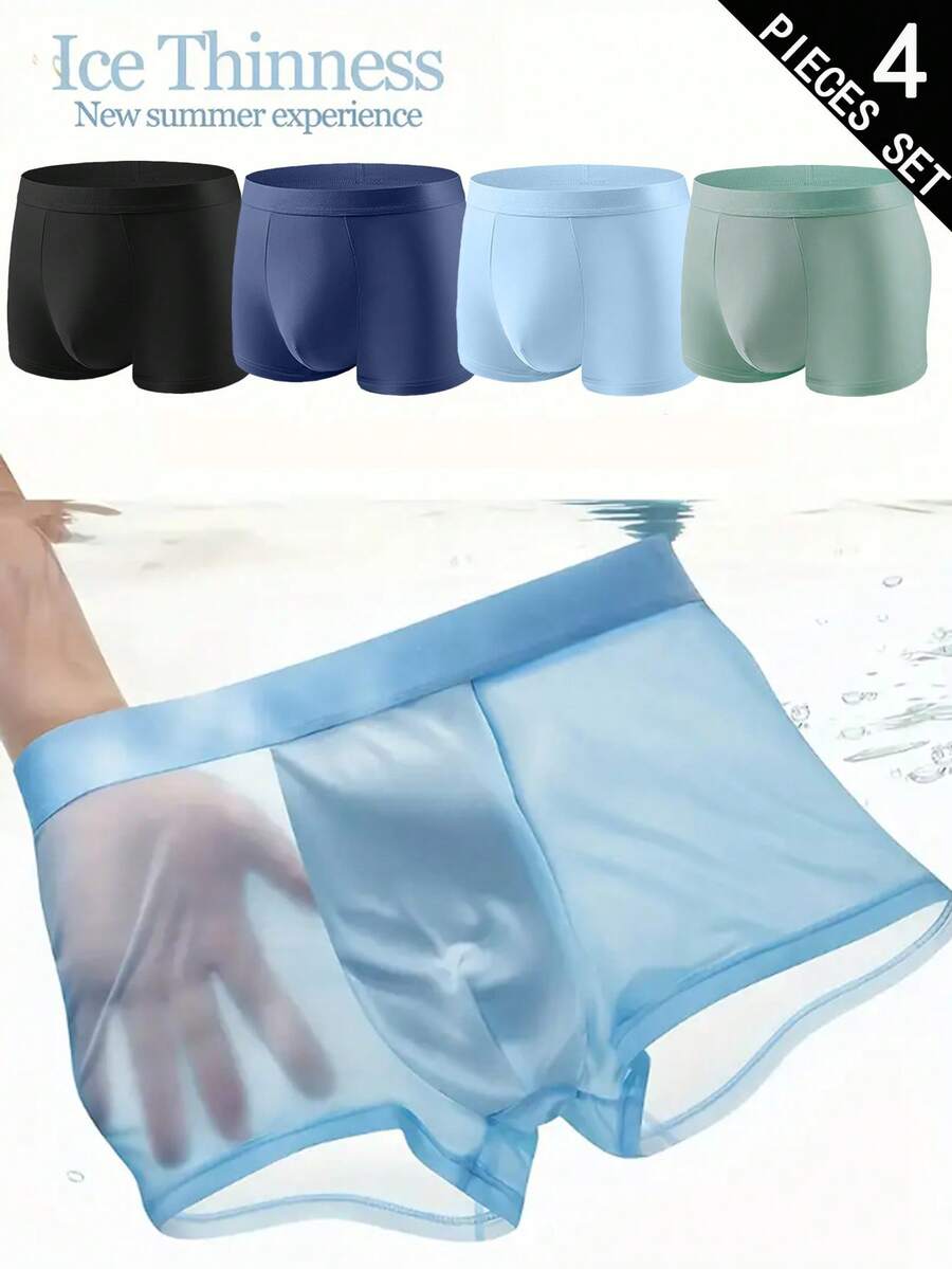 4pcs/Pack Men's Solid Color Casual Boxer Briefs, Elastic Sports Icy Silk Shorts, Daily Casual Underwear, Solid Color Semi-Sheer Boxer Briefs, Suitable For Summer Daily Wear, Homewear, Men's Gift, Christmas, Valentine's Day, Anniversary