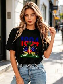Cotton, Graphic Print, T-Shirt With Haitian Flag Print Of The Haitian Revolution Of 1804, Independence Day, Casual Crew Neck T-Shirt, Short Sleeve, Comfortable. - 黑色 4 - 查看 3