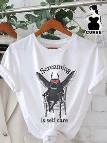 Talla Grande - Talla Grande - Camiseta con Estampado Gráfico de Mothman Shriek, Manga Corta, Cuello Redondo, Estilo Casual, para Verano y Primavera, Ropa de Talla Grande para Mujer - Blanco - Ver 12