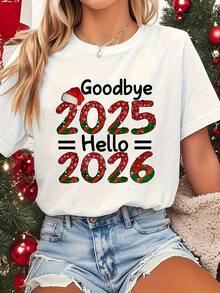 Camiseta de Moda para Mujer con Cuello Redondo, Estampado de Letras, Elemento Decorativo Navideño Vintage para Navidad y Nochevieja, Primavera Verano - Blanco - Ver 6