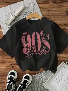Camisa con estampado de letras vintage, top casual de manga corta con cuello redondo, ropa de moda casual para mujer de primavera/verano, top 100% algodón. - Negro - Ver 10