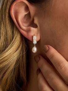 Bông tai cô dâu mạ vàng 14k đính ngọc trai CZ, bông tai mạ vàng ít gây dị ứng, trang sức ngọc trai thanh lịch cho cô dâu trong ngày cưới. - Vàng - Xem 6
