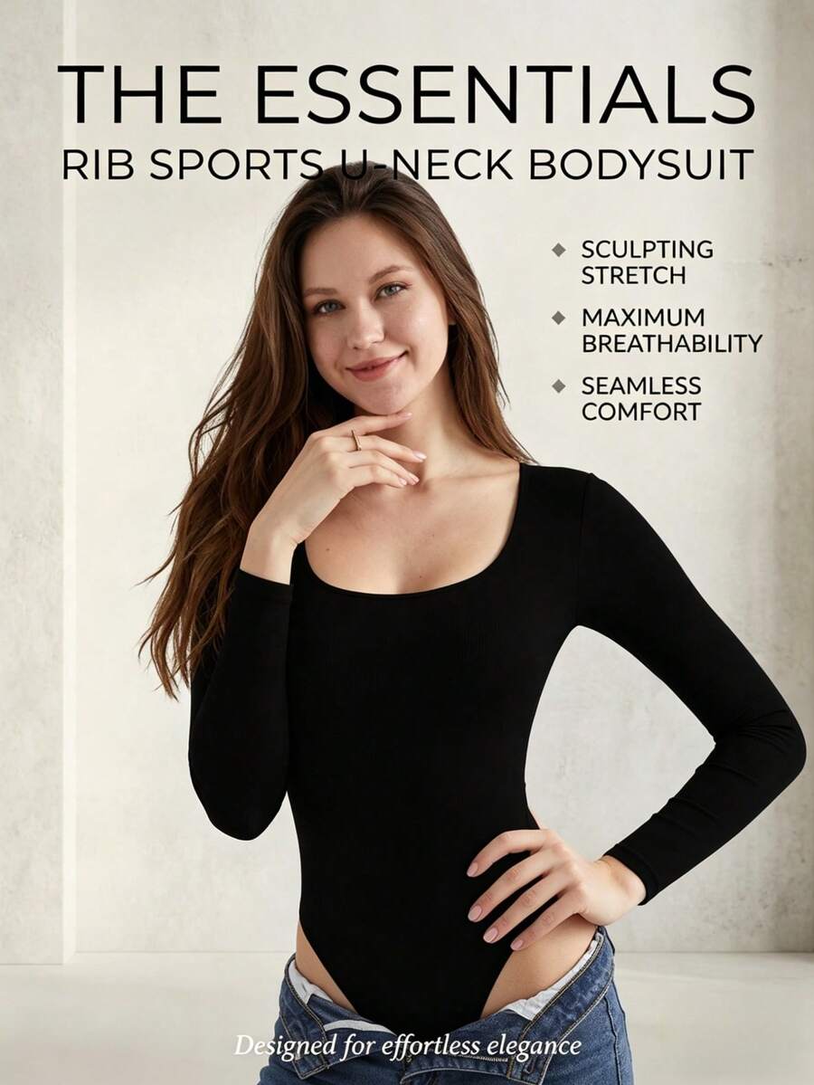 Women's Ribbed U-Neck Long Sleeve Bodysuit - Sculpting Stretch One-Piece Top For Casual, Lounge & Streetwear - 黑色 - 查看 1
