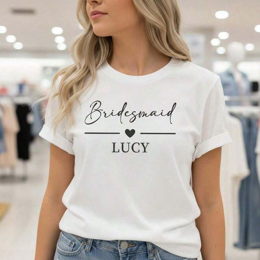 Camiseta Vintage de Algodón Puro para Damas de Honor con Nombre Personalizado "Lucy" - Manga Corta, Cuello Redondo, Estilo Casual, Suave y Cómoda, Corte Holgado, Perfecta para Fiestas de Solteras, Eventos de Boda, Regalo para Despedida de Soltera, BlackFashion - Blanco - Ver 1