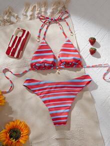 PEPPERMOLLY Bộ bikini kẻ sọc dành cho nữ, áo bơi dây tam giác với mặt dây chuyền hình cá ngựa và quần bơi cổ điển, đồ bơi mùa hè. - Nhiều màu - Xem 3