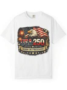Camiseta USA 250 Águila con Bandera Nacido en Libertad Día de la Independencia Patriótica AM1erica 250 Celebraciones. 220 g algodón puro unisex. Peso ideal para todas las estaciones, apto para hombres y mujeres. Tejido duradero de alta calidad, suave al tacto y de larga duración. Top transpirable. Adecuado para primavera y verano, vacaciones, Día de la Madre, Día de la Independencia. - Blanco - Ver 1