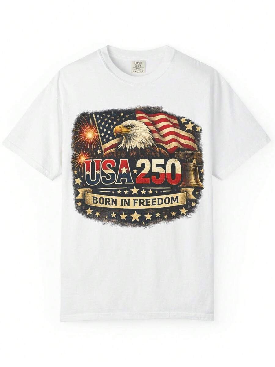 Camiseta USA 250 Águila con Bandera Nacido en Libertad Día de la Independencia Patriótica AM1erica 250 Celebraciones. 220 g algodón puro unisex. Peso ideal para todas las estaciones, apto para hombres y mujeres. Tejido duradero de alta calidad, suave al tacto y de larga duración. Top transpirable. Adecuado para primavera y verano, vacaciones, Día de la Madre, Día de la Independencia. - Blanco - Ver 1