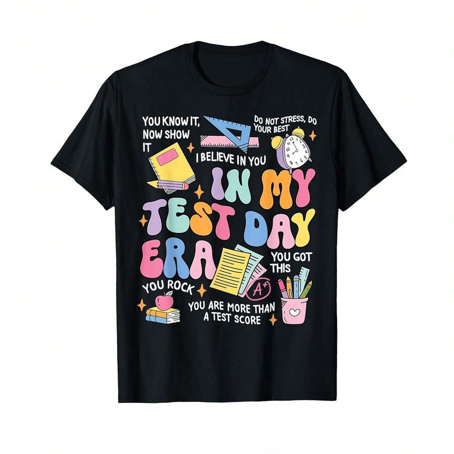 Camiseta unisex de manga corta, en My Test Day Era Retro Groovy Testing Day Teacher Student T-Shirt, playeras hombre, spiderman, ,  mujer, romwe men, boho chic, regalos para profesores, camiseta de mujer, atuendos curvy para hombre, y2k - Negro - Ver 1