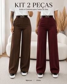 Set Of 2 Women's Wide-Leg Pants With Belt - 棕色/酒紅色 - 查看 1