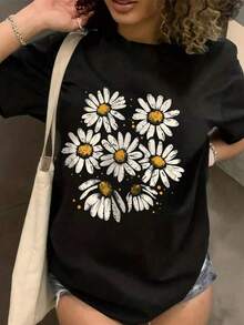 Camiseta Casual de Mujer con Estampado Floral de Margaritas, Cuello Redondo, Manga Corta con Hombros Caídos, Camiseta de Elasticidad Media para Conjuntos de Primavera DFDQ - Negro - Ver 8