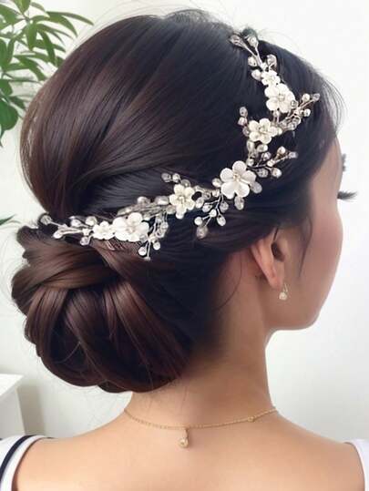1pc White Flower & Silver Thread Handmade Hair Scrunchie With Rhinestones For Women Elegant Boho Tiaras Valentine's Day Accessories,Wedding Hair Accessories
