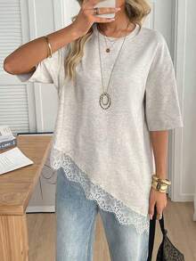 Camiseta casual de mujer con dobladillo asimétrico de encaje de unicolor, uso básico diario, blusa casual de primavera/verano para vacaciones de mujer, vacaciones de verano para mujer, primavera para mujer, vacaciones de primavera, top para ir - Albaricoque - Ver 3