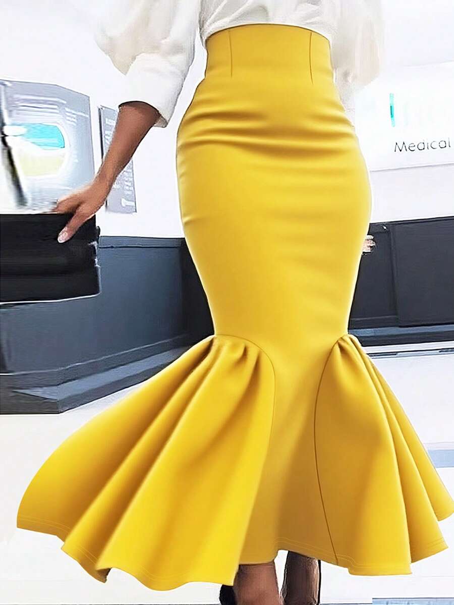 Plus Size Women's Autumn Solid Color Knit Fabric Ruffle Tie Waist Zipper Closure A-Line Skirt, Suitable For All Seasons
