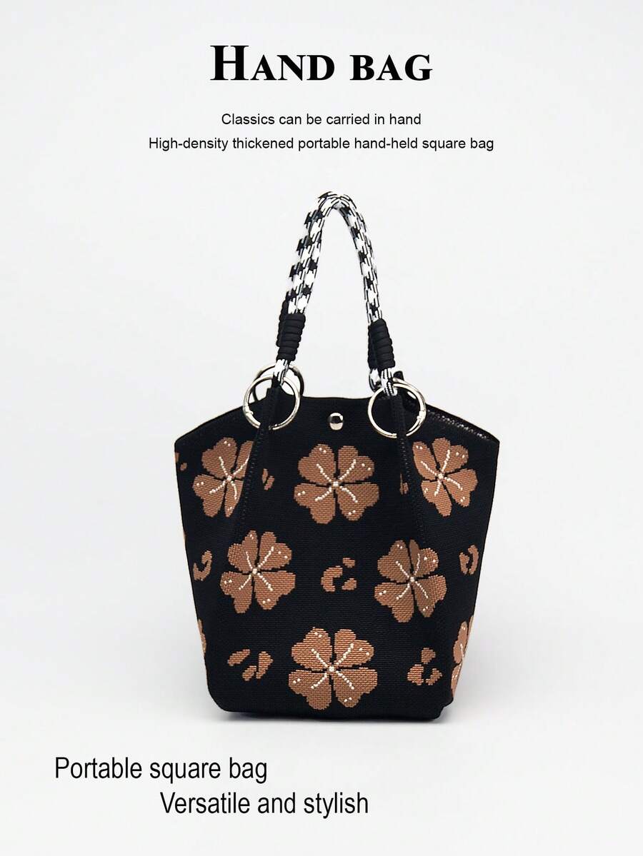 Tas tangan wanita kasual colorblock ini menampilkan desain pegangan tali anyaman hitam dan putih, sangat cocok untuk wanita pekerja, guru, dan pelajar. - Coklat - View 1
