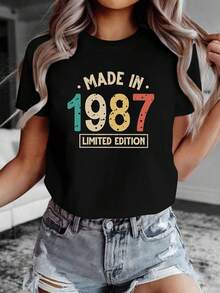 Women's Short-Sleeved T-Shirt, Vintage Style, Limited Edition, Made In 1987, With Retro Text Print, Round Neck, For Spring/Summer, Fashionable. - Black - View 7