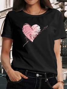 Camiseta de algodón puro para mujer, camiseta con diseño de corazón, de manga corta, suave y elástica, top casual de cuello redondo, adecuada para primavera y otoño, elasticidad media, ajuste cómodo, material no transparente, tela confortable. - Negro - Ver 1