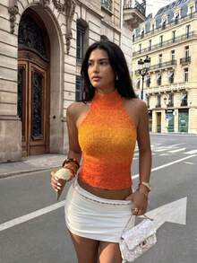 Top corto de punto con espalda descubierta, estilo ajustado en degradado naranja con cuello halter, adecuado para salidas de primavera/verano, playa, citas, vacaciones, festivales de música - Naranja - Ver 5